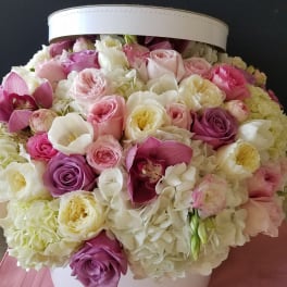 Pink and white roses with hydrangeas in a white hatbox