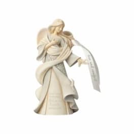 Angel figurine holding a ribbon on a white background