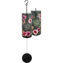Two hanging memorial wind chimes with floral prints and a round black clapper