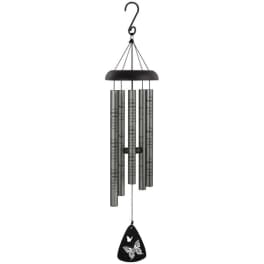 Black metal wind chime with silver tubes and a butterfly pendant