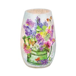 Decorative glass vase with a colorful floral and butterfly print