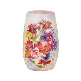 Decorative glass vase with colorful floral and butterfly print