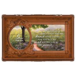 Wooden memorial frame with a landscape and sympathy message