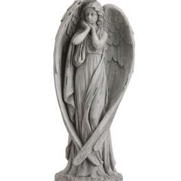 Gray angel statue with folded wings and a halo