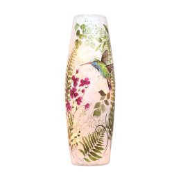 Tall decorative vase with a hummingbird and floral print