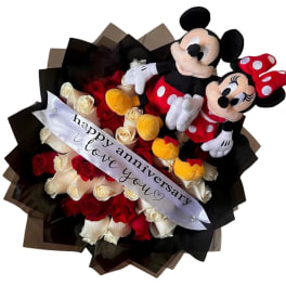 Bouquet of red and white roses with Mickey and Minnie plush toys