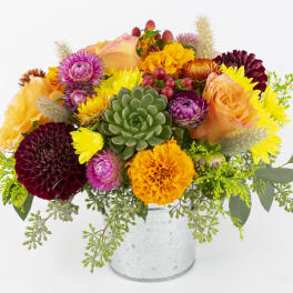 Colorful mixed bouquet in a metal bucket with a succulent center