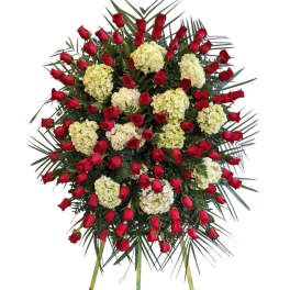 Standing floral spray of red roses and white hydrangeas