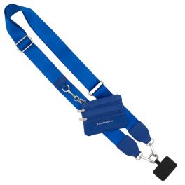 Blue crossbody strap with a small zip pouch and metal clips