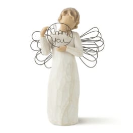 Angel figurine holding a "thank you" sign
