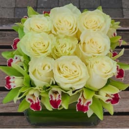 Cream roses arranged in a low glass vase with green orchids