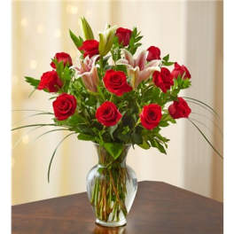 Dozen Roses With Lilies