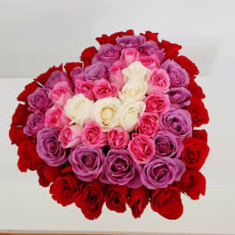 Round bouquet of red, pink, purple, and white roses