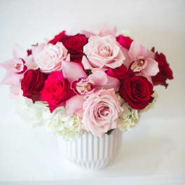 Pink and red roses with orchids in a white vase