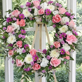 Floral wreath with pink roses, white blooms, and purple daisies on an easel