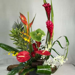 Tropical floral arrangement with red anthuriums and tall red ginger blooms