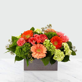 Mixed bouquet of gerbera daisies and carnations in a rectangular box