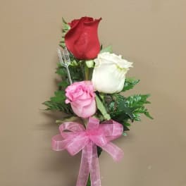 Three roses in red, white, and pink with a pink bow in a glass vase