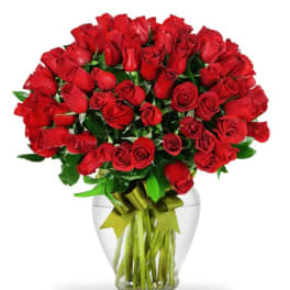 Bouquet of red roses in a clear glass vase