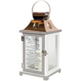 White decorative lantern with a copper top and handle
