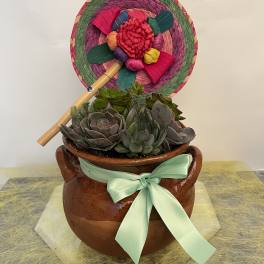 Succulent arrangement in a brown pot with a colorful woven fan and mint ribbon