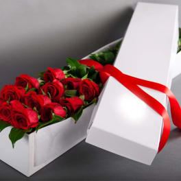 Red roses arranged in a white gift box with a red ribbon