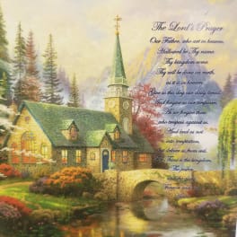 Printed church scene with The Lord's Prayer text