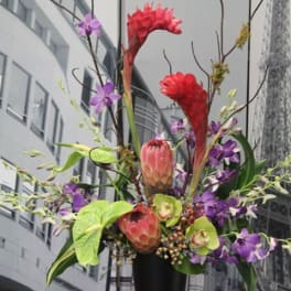 Tall tropical arrangement with red protea, green orchids, and purple blooms in a black vase