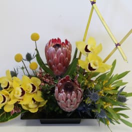 Low arrangement with pink protea, yellow orchids, and accent blooms in a black rectangular container