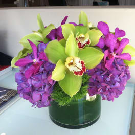 Purple hydrangeas and green orchids in a glass vase