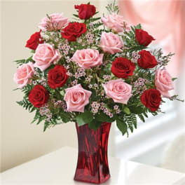 Bouquet of red and pink roses in a red glass vase