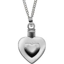 Heart-shaped silver pendant necklace with a small vial charm