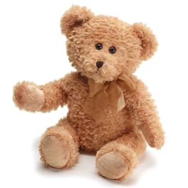 Plush teddy bear with a ribbon bow on a white background