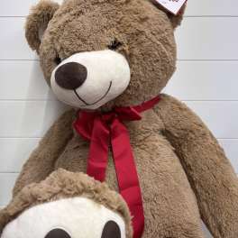 Large brown teddy bear with a red ribbon and a smaller bear in front
