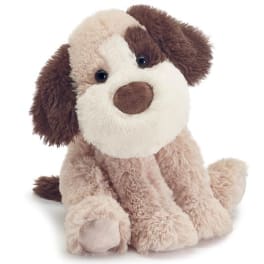 Plush brown and white stuffed dog sitting on a white background