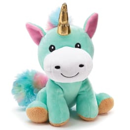 Plush unicorn toy with a gold horn and pastel mane