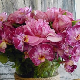 Pink orchids and roses arranged in a glass vase