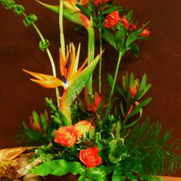 Tropical flower arrangement with orange bird-of-paradise and red blooms