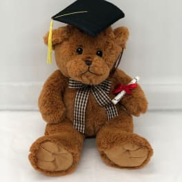 Graduation teddy bear with cap, ribbon, and diploma
