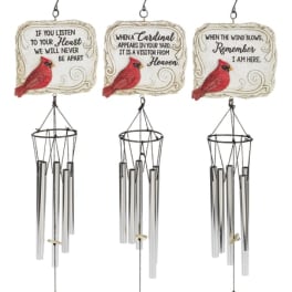 Three cardinal-themed hanging wind chimes with memorial sayings