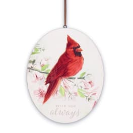 Oval hanging plaque with a red cardinal and pink blossoms