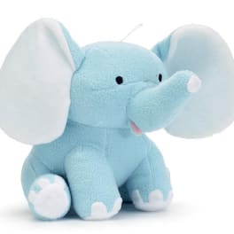 Blue plush elephant toy with white ears and feet