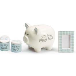 Baby keepsake set with a piggy bank, two small jars, and a photo frame