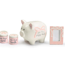 Baby keepsake set with piggy bank, curl and tooth jars, and a photo frame