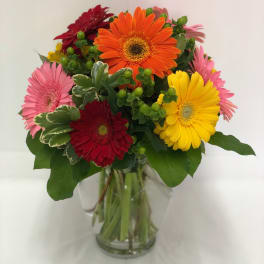 Colorful gerbera daisy bouquet in a clear glass vase