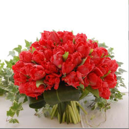 Bouquet of red tulips with ivy accents