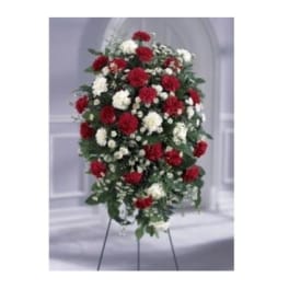 Standing spray of red and white carnations on an easel