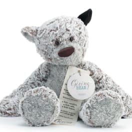 Plush teddy bear with a tag on a white background