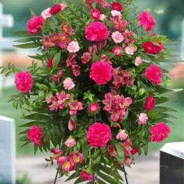 Standing floral spray with bright pink carnations and alstroemeria