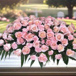 Pink rose and carnation casket spray with dark greenery